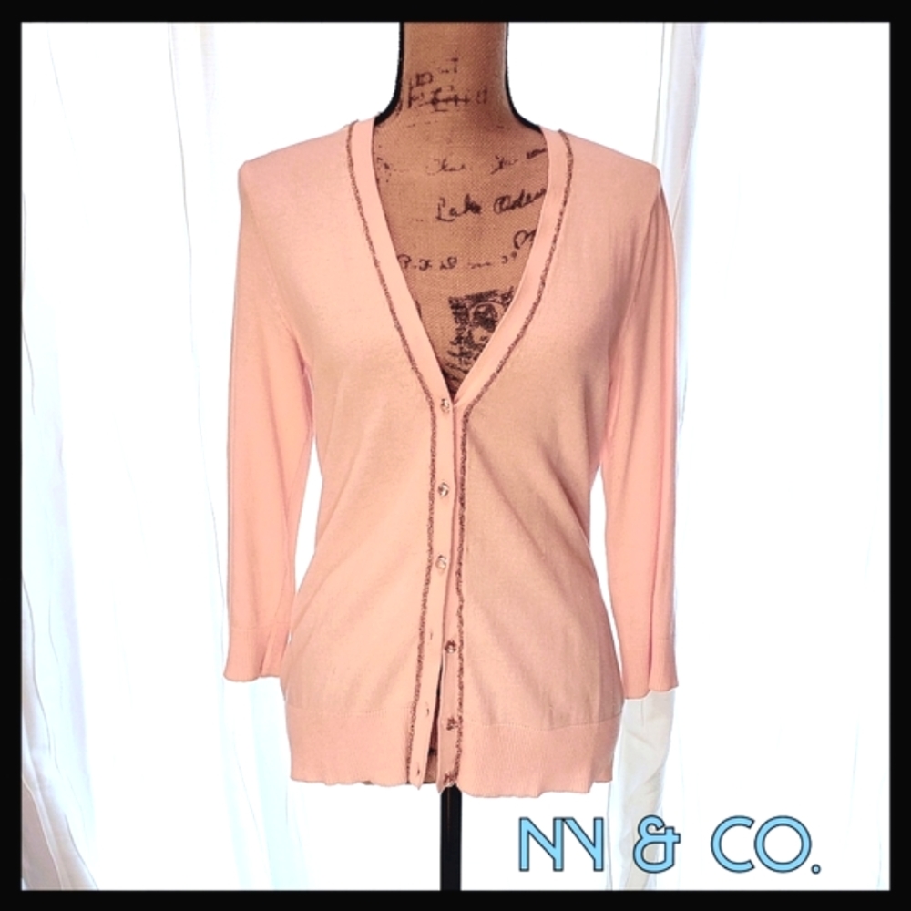 NY&CO V-neck Bejeweled Cardigan in Blush Pink with Rhinestone Buttons, Size Med.